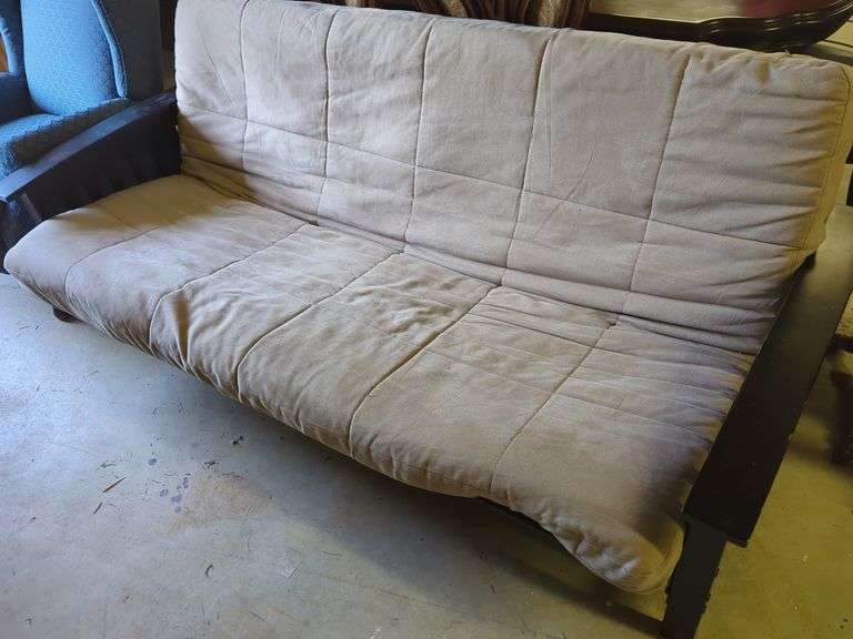Full Size Futon with Black Frame and Beige Mattress