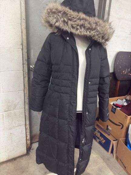 WOMENS- FREE COUNTRY- SIZE X-LARGE- LONG- BLACK DOWN- HOODED- PUFFER JACKET-