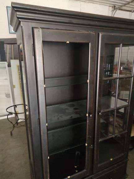 AMERICAN SIGNATURE - LIGHTED 2 DOOR CURIO CABINET - DISTRESSED LOOK - MISSING GLASS FOR LEFT SIDE DOOR - HAS 3 GLASS SHELVES AND 2 BOTTOM DRAWERS - 47X18X73