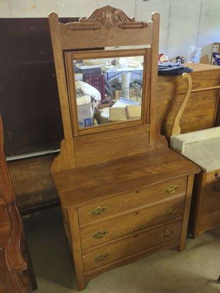 Wooden Dresser with Mirror and Brass Hardware