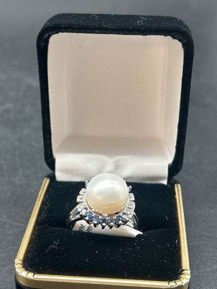 Sterling Silver Ring with Pearl and Blue Gemstones, Size 9 image