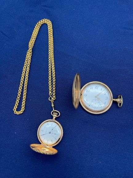 Two Gold Tone Pocket Watches, One Elgin with Chain image