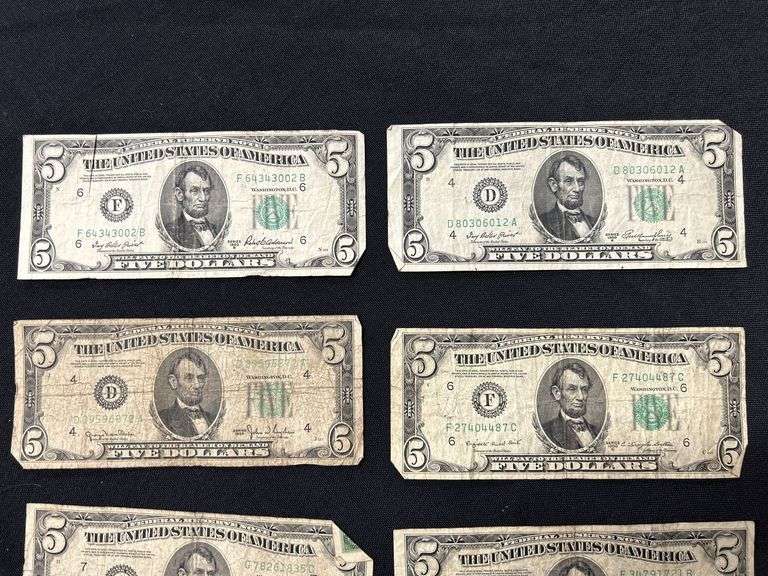 Lot of Ten US Five Dollar Bills