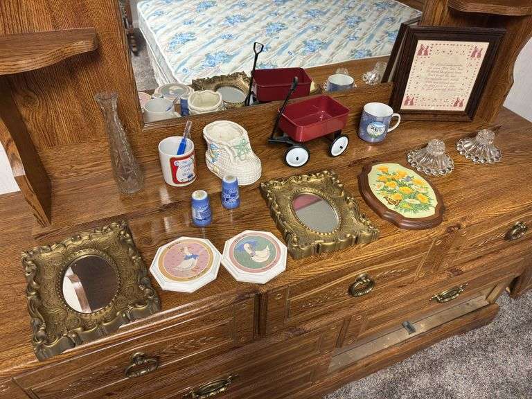Assorted Decorative Collectibles: Framed Art, Mini Red Wagon, Floral Plaque, and More image