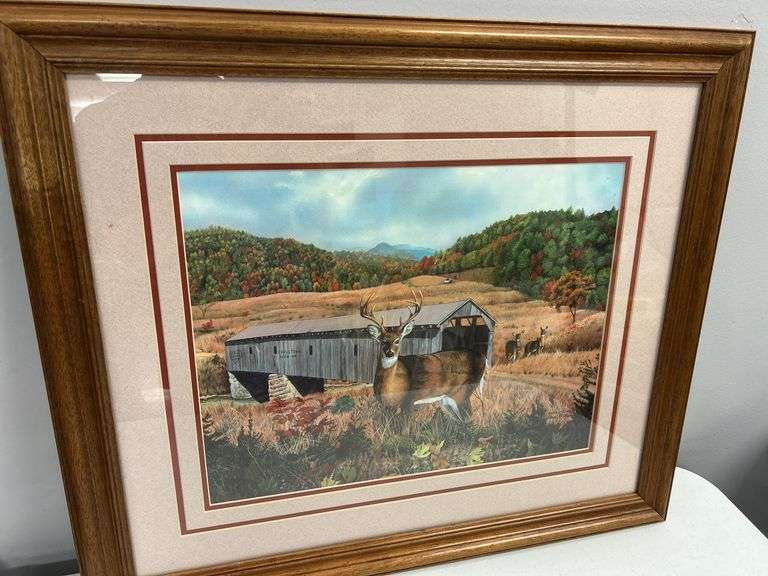 Steve St. Clair Framed Print - Deer and Covered Bridge