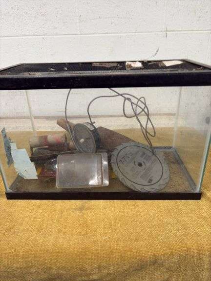 10 GALLON AQUARIUM, SAW BLADES, TROUGHS, AND MISC image