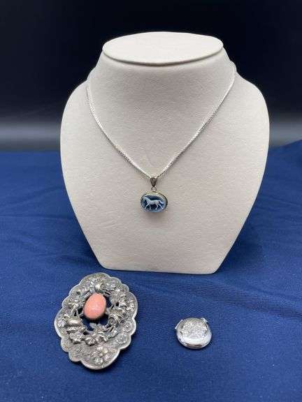 Sterling Silver Jewelry Lot: Horse Cameo Necklace, Floral Brooch & Locket image