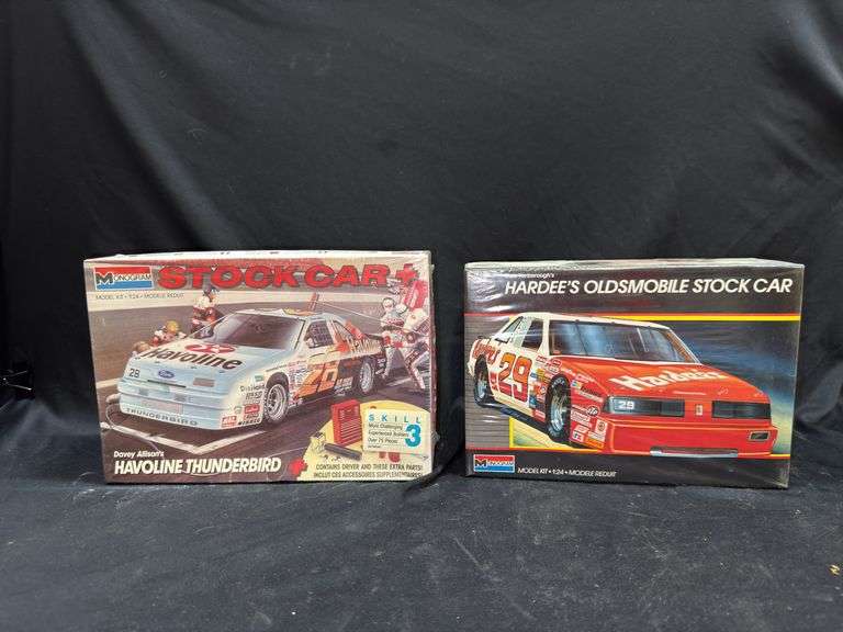 Two Monogram 1:24 Scale Stock Car Model Kits: Havoline Thunderbird and Hardee's Oldsmobile