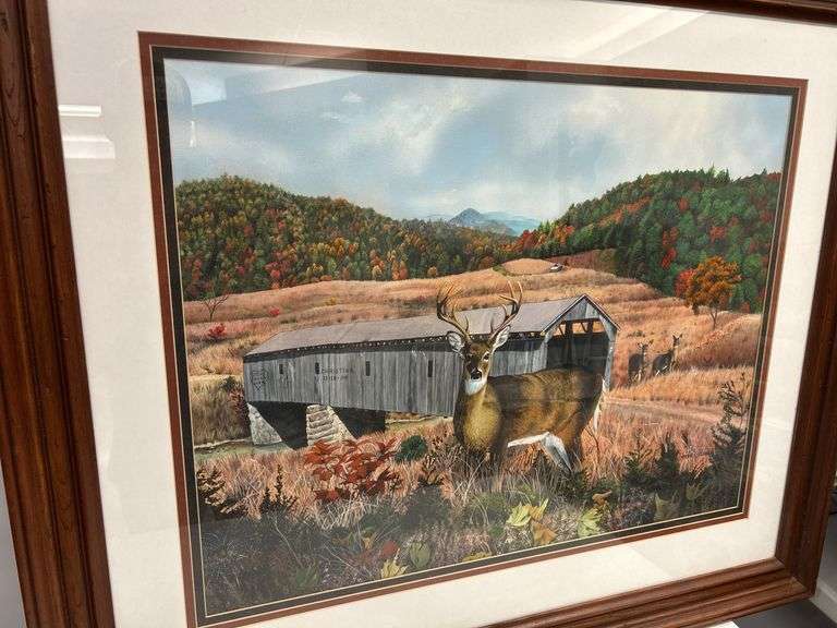 Framed Deer and Covered Bridge Landscape Print by Steve St. Clair image