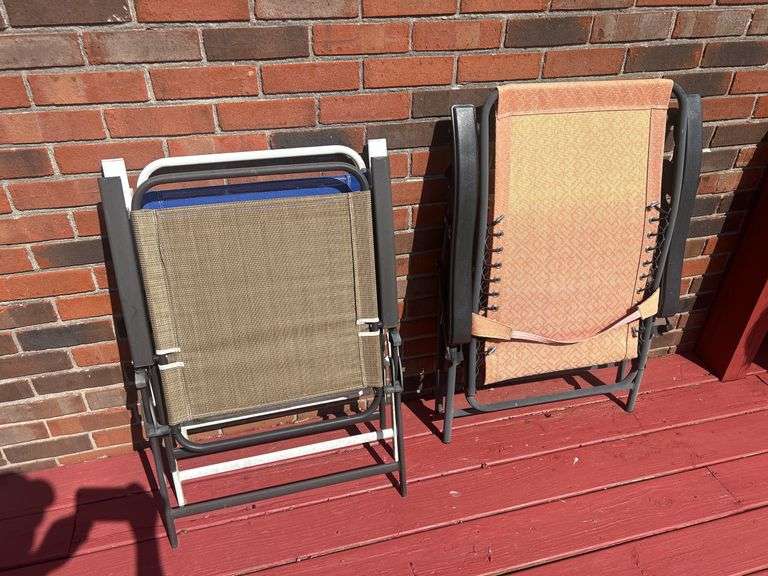 Two Folding Lounge Chairs - Blue, Tan, and Orange image