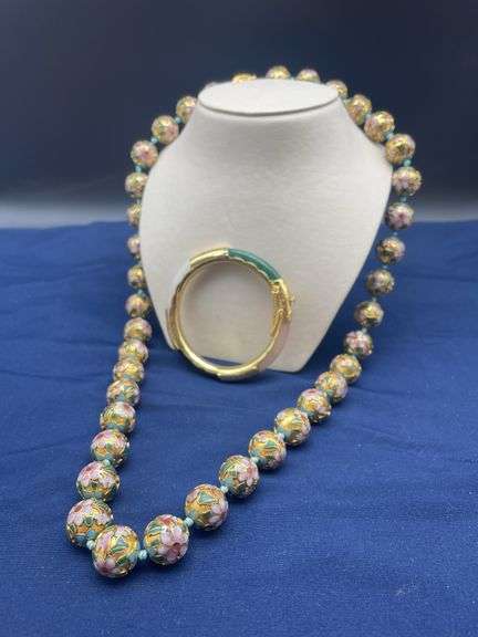 Gold Tone Enamel Floral Bead Necklace and Tri-Color Bangle Bracelet image