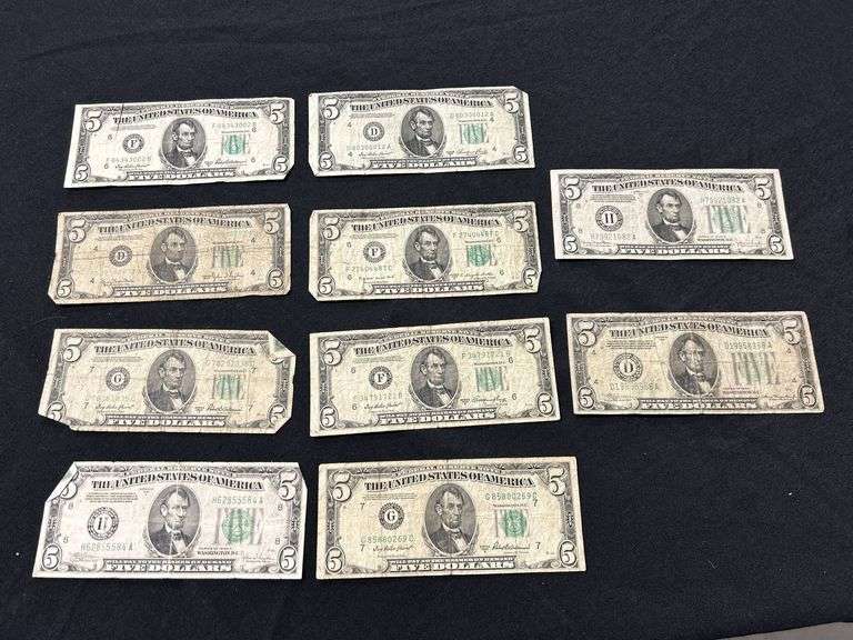Lot of Ten US Five Dollar Bills