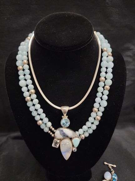 Sterling Silver & Gemstone Jewelry Set: Necklace, Bracelets, Ring image