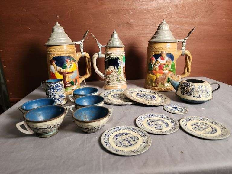 Group of 3 German Beer Steins with Miniature Dishware Set image
