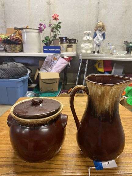 Brown Drip Glaze Pitcher and Bean Pot with Lid