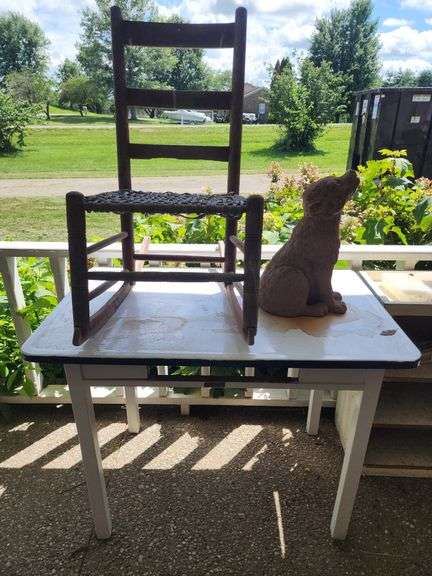 Woven Seat Chair, Enamel Top Table & Dog Statue image