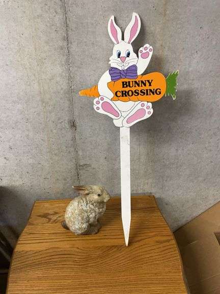 Bunny Crossing Yard Sign and Bunny Figurine