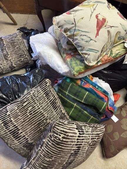 Large Assortment of Decorative Pillows, Throw Blankets, and Bedding image