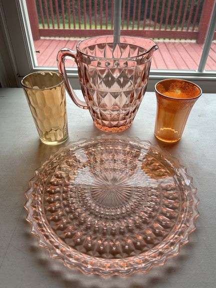 Pink Glass Diamond Cut Pitcher Set with Plate and Glasses image