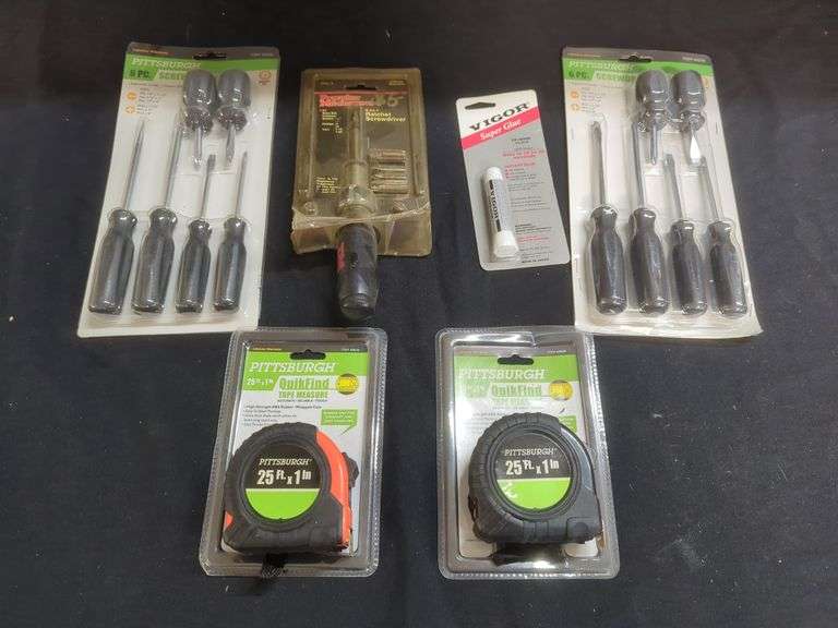 Pittsburgh Screwdrivers, Tape Measures, Popular Mechanics Screwdriver, and Vigor Super Glue