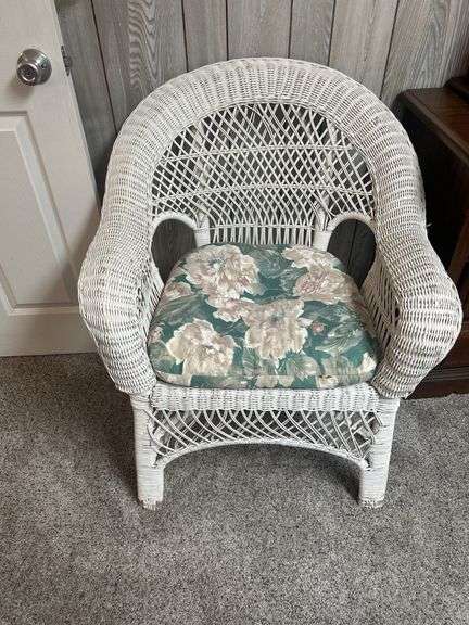 White Wicker Accent Chair with Floral Cushion image