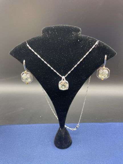 Sterling Silver Necklace and Earring Set with Green Stone image
