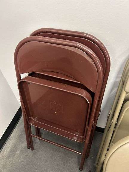 Set of Metal Folding Chairs - (3) Brown & (3) Tan