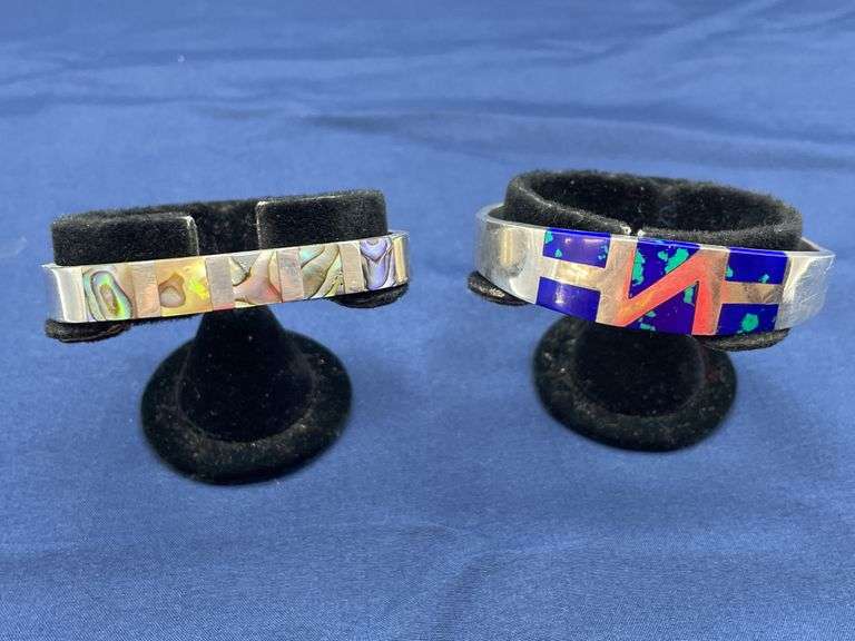 Two Sterling Silver Inlay Bracelets - Abalone and Geometric Design image