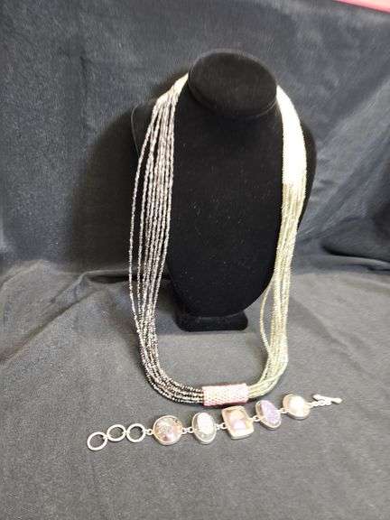 Multi-Strand Beaded Necklace and Stone Bracelet Set image
