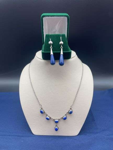 Sterling Silver & Lapis Necklace and Earrings Set image