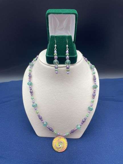 Handmade Beaded Necklace with Button Pendant and Matching Earrings image
