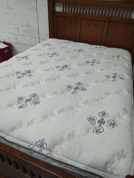 QUEEN SIZE BED - HEADBOARD WITH FOOTBOARD AND RAILS AND SLATS - BOX SPRING AND MATTRESS WILL BE GIVEN TO BUYER IF WANTED