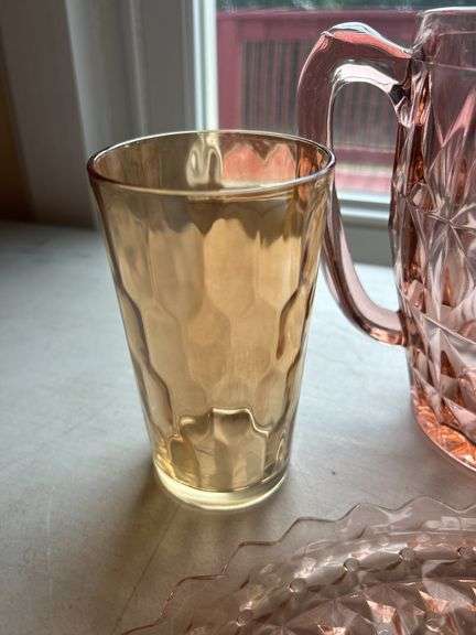 Pink Glass Diamond Cut Pitcher Set with Plate and Glasses