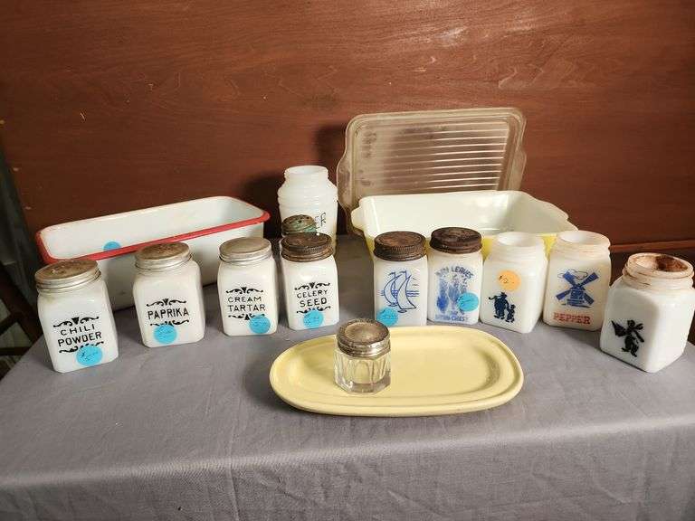 Collection of Milk Glass Spice Jars, Pyrex Dish, and More image