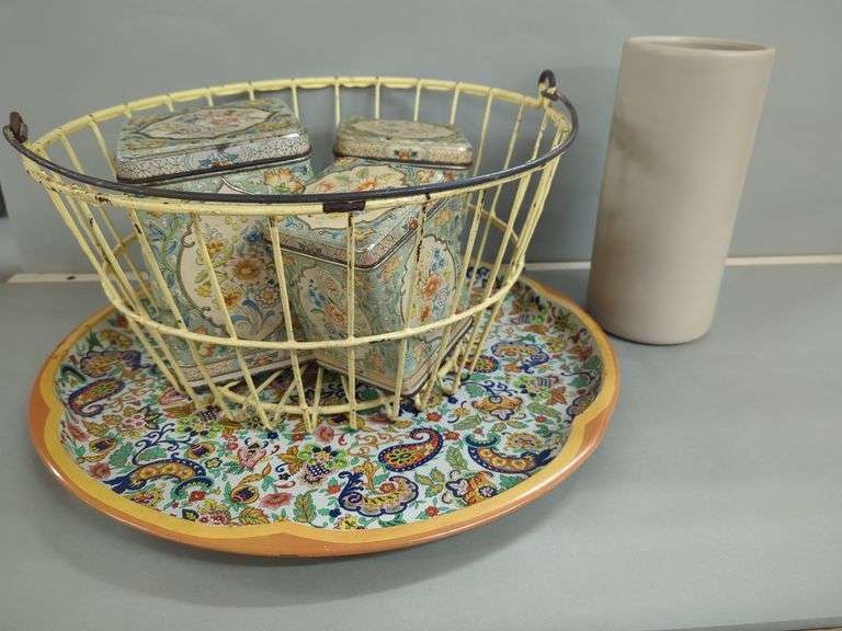 Daher Decorated Ware Tray with Metal Basket, Floral Tins, and Beige Vase image