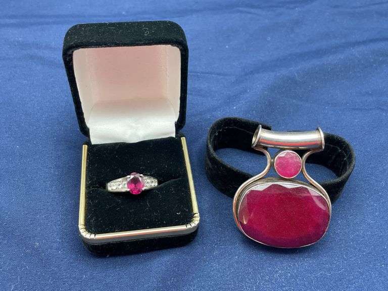 Sterling Silver Ring with Red Stone and Large Stone Pendant image