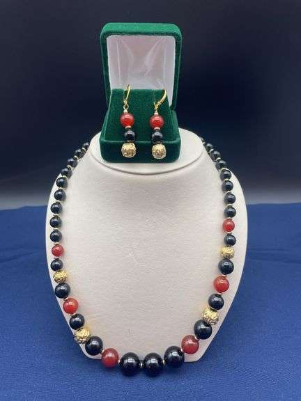 Red, Black & Gold Tone Bead Necklace and Earrings Set image