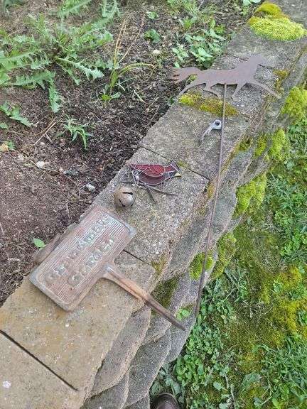 Mixed Lot of Garden Decor: Grandma's Garden Sign, Stained Glass Cardinal, Horse Weathervane image