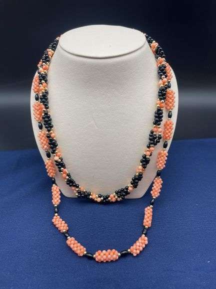 Coral and Black Beaded Necklace with Gold Tone Accents image