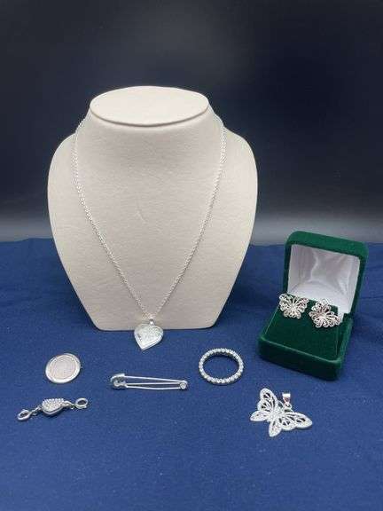 Assorted Silver Tone Jewelry - Necklace, Earrings, Brooches, and Clasps image