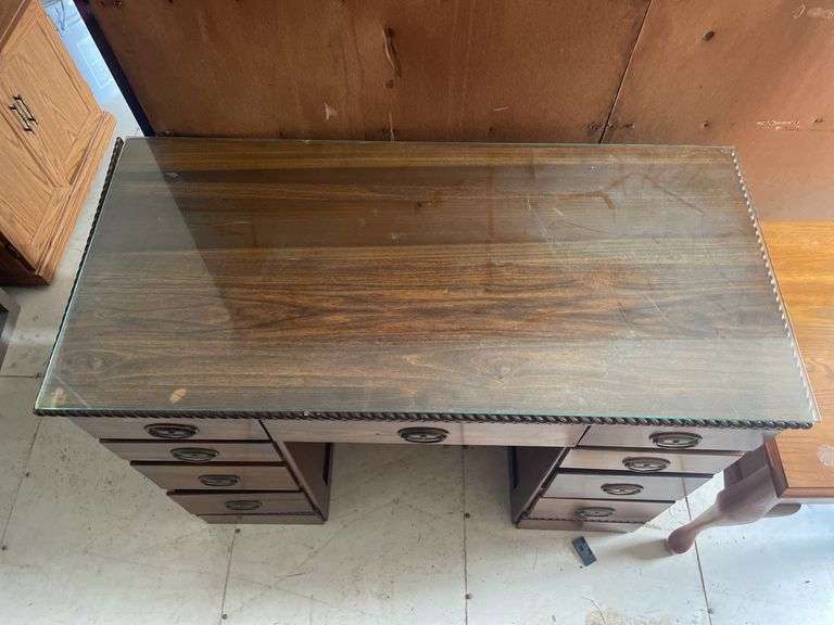 Wood Desk with Glass Top and Multiple Drawers