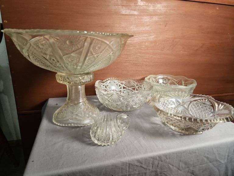Cut Glass Bowls, Creamer, and Pedestal Bowl Set image