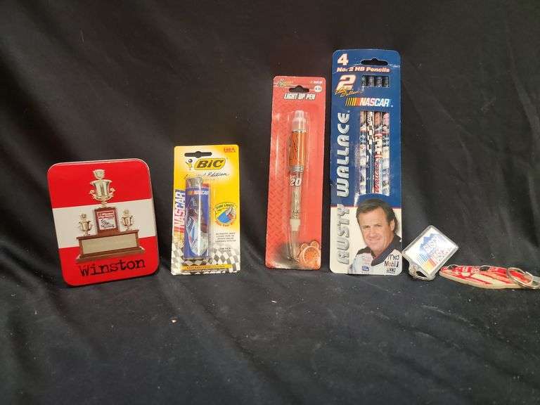 NASCAR Memorabilia Lot: Winston Tin, Lighter, Rusty Wallace Pencils, Pens, Keychains image