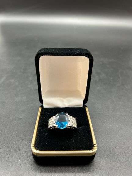 Sterling Silver Ring with Blue Gemstone and Cubic Zirconia, Size 9 image