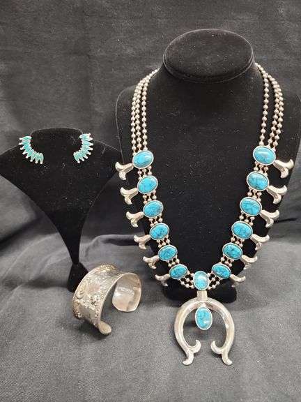 Sterling Silver and Turquoise Jewelry Set - Squash Blossom Necklace, Cuff Bracelet, and Earrings image