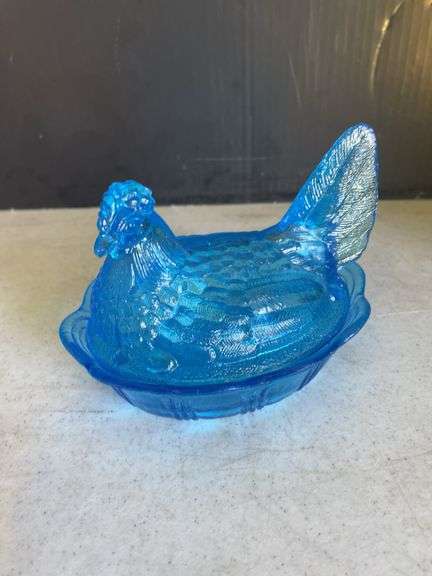 Blue Glass Hen on Nest Covered Dish