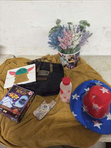 BOX OF MISC  TAYLOR SWIFT BUCKET, FOURTH OF JULY HAT, BINGO GAME image