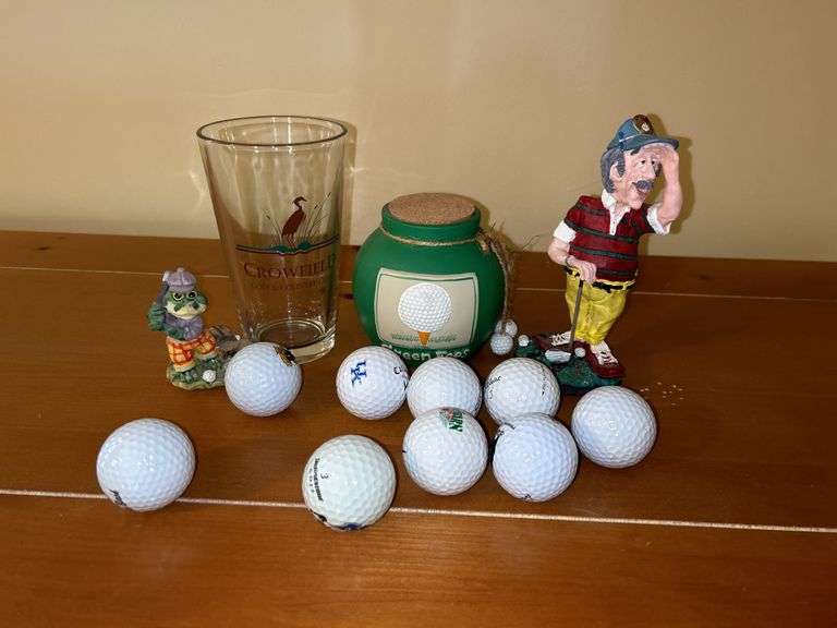 Golfing Memorabilia Lot - Balls, Figurines, and Crowfield Glass image