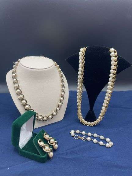 Three Piece Faux Pearl and Gold Tone Jewelry Set - Two Necklaces, Bracelet and Earrings image