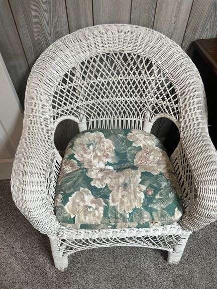 White Wicker Accent Chair with Floral Cushion